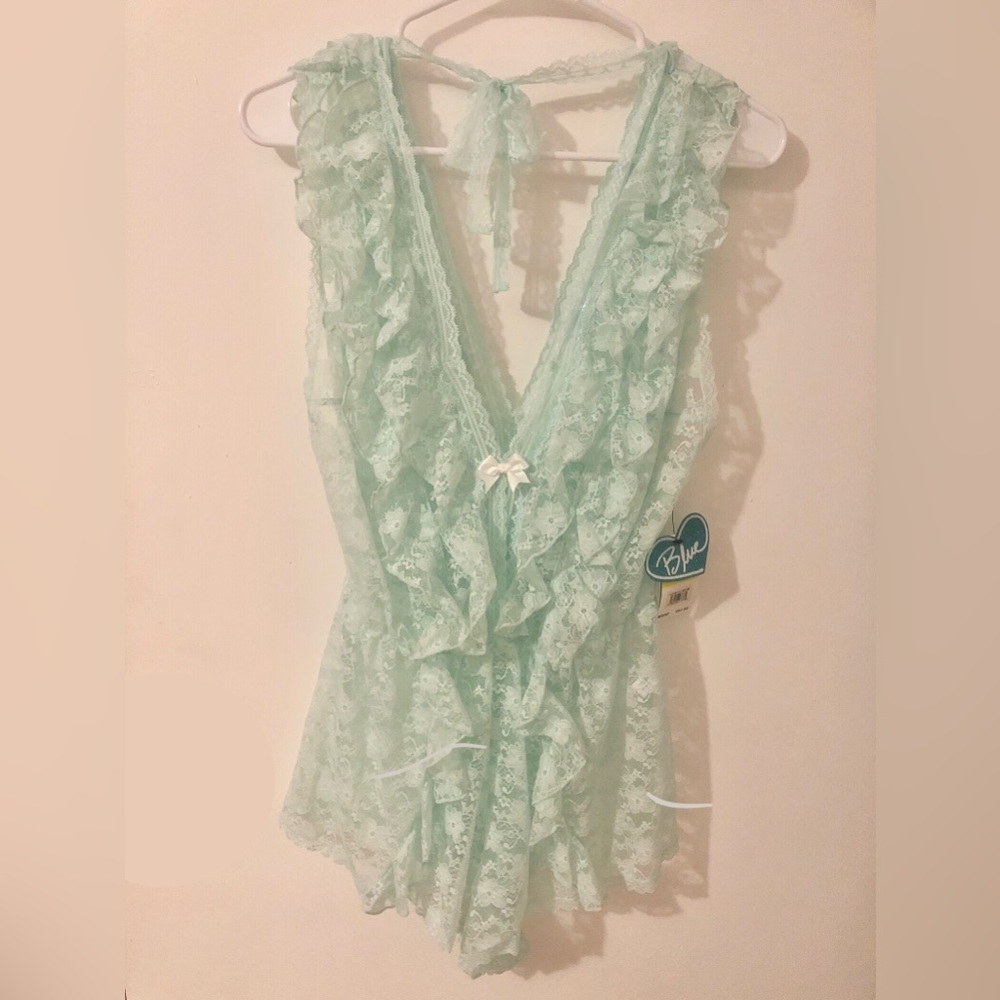 NWT Betsey Johnson Mint Green Lace Ruffle Sheer Teddy Romper nightie